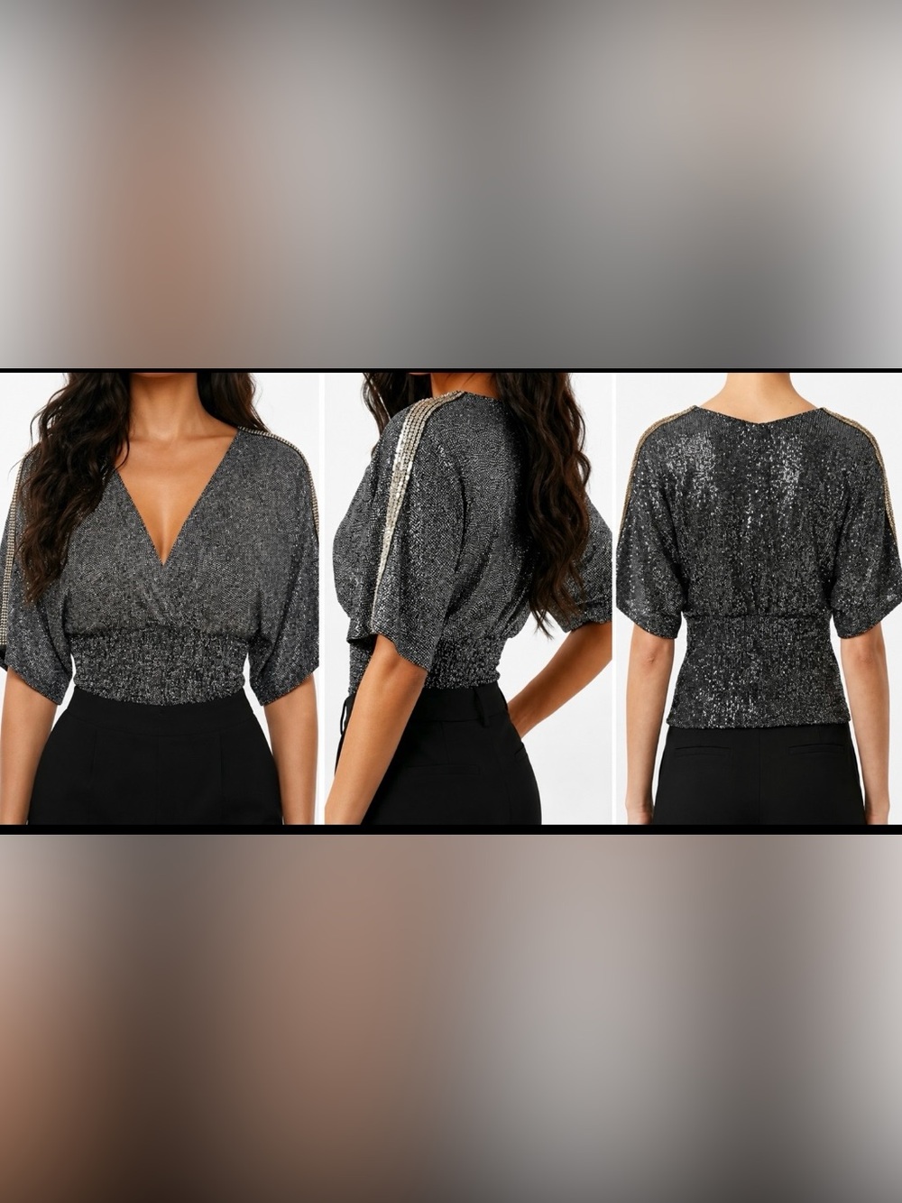 BELLDINI Metallic Gray V-Neck Smocked Waist Top With Silver Sequin Trim On Arms